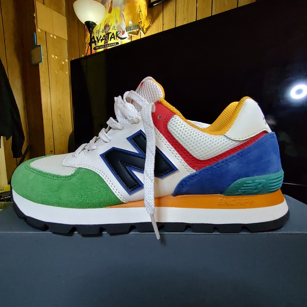 New Balance Multicolor 574 Style Sneaker - White, Green, Blue, Orange - Picture 3 of 4